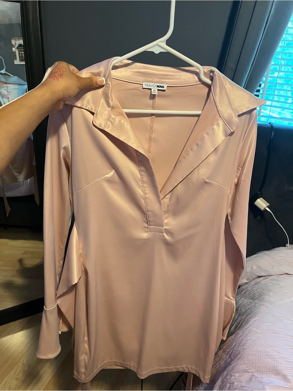 Fashion Nova Women's Dusty Blush Satin V-Neck Tunic